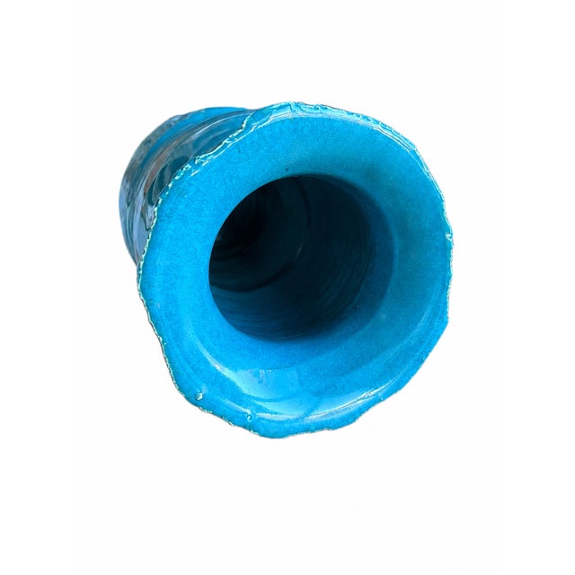 Mid-Century Modern Vintage Turquoise Blue Heavy Studio Pottery Vase With Textured Bands For Sale - Image 3 of 6