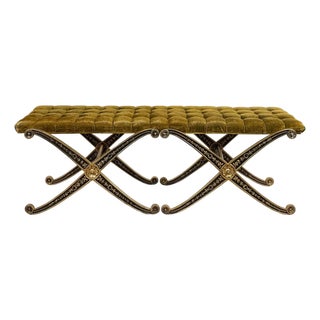 Vintage French Regency Double X Gilded Green Velvet Tuft Window Bench For Sale