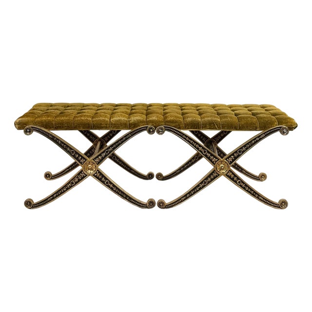Vintage French Regency Double X Gilded Green Velvet Tuft Window Bench For Sale