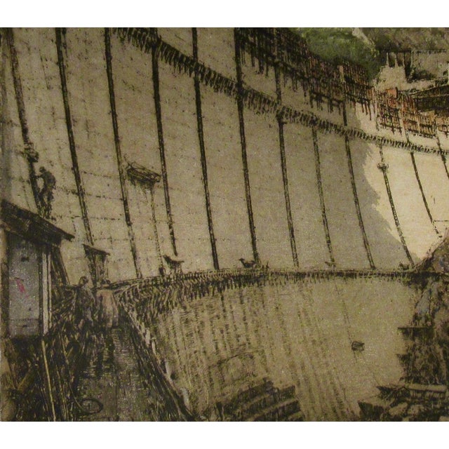 Luigi Kasimir "Dam Construction" Rare Large Colors Etching. C.1920 Reproduction Print For Sale In San Francisco - Image 6 of 7