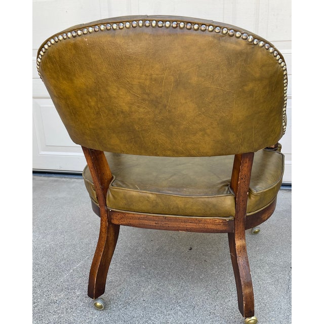 1970s Set of Four Vintage Lewittes Tufted Sage Vinyl Club/Conference Chairs With Brass Casters For Sale - Image 5 of 17