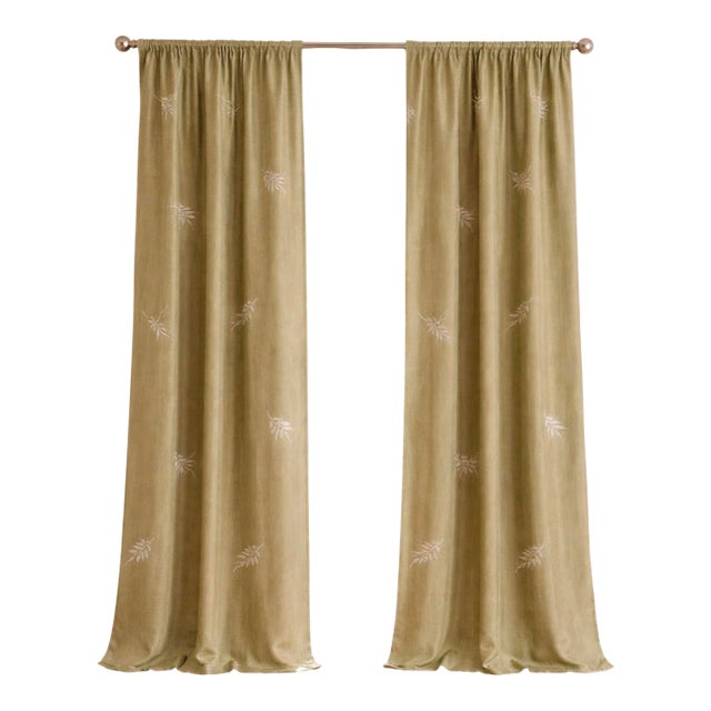 2 Pairs of 100% Silk Dupioni Draperies in Color “Green Tea” Embroidered With White Leaves. For Sale