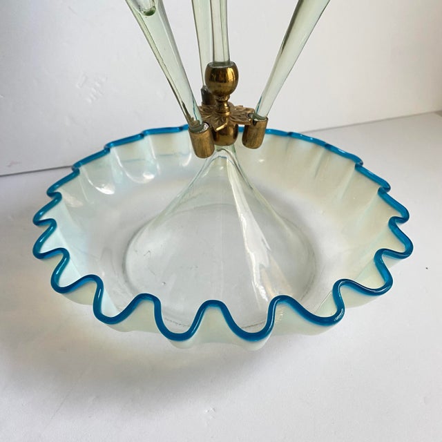 Victorian Epergne Blue Vaseline Glass Antique Ruffle Art Glass Vase For Sale - Image 4 of 12