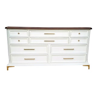 1970s Off White / Cream 10 Drawer Bassett Dresser With Champagne Gold Hardware. For Sale
