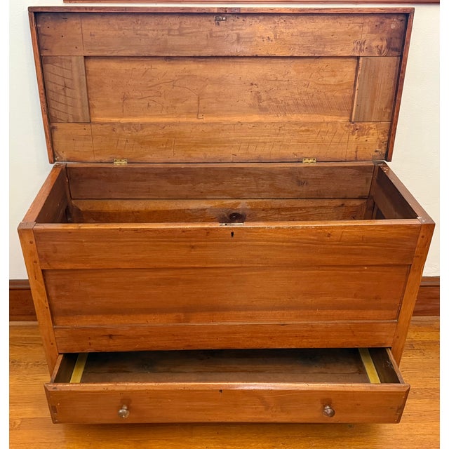 Antique 19th century American blanket chest in the country Sheraton style. Made of warm honey walnut. The lift lid has a...
