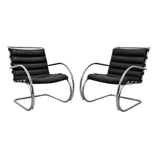 Leather and Steel MR Chairs by Ludwig Mies van der Rohe for Knoll Inc. / Knoll International, 1970s, Set of 2 For Sale