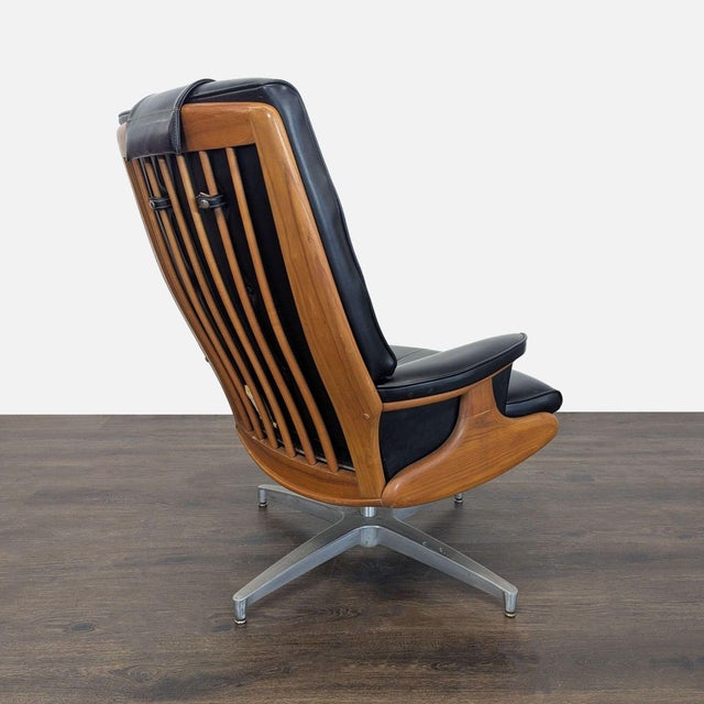 Animal Skin Vintage Heywood-Wakefield Mid Century Modern Black Leather Lounge Chair & Ottoman For Sale - Image 7 of 18