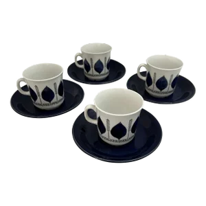 1960s Vintage Upsala Ekeby Swedish Blue Groblad Porcelain Cups & Saucers Set- 8 Pieces