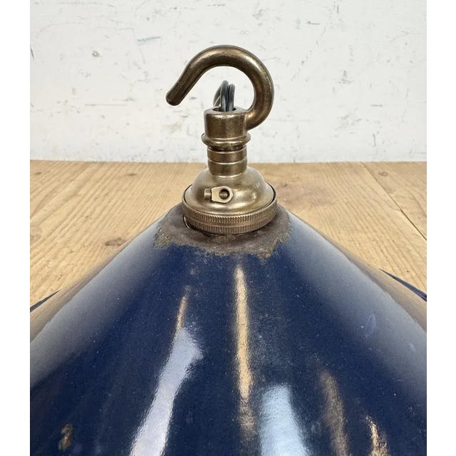 British Industrial Dark Blue Enamel Factory Pendant Lamp, 1950s For Sale - Image 12 of 15
