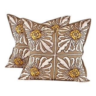 Designer Vicki Payne Free Spirit Brown Cream Gold Yellow Taupe Crest Tile Medallion Pillow Covers- Pair For Sale