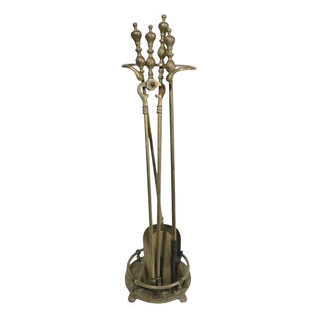 Vintage Four Piece Brass Fireplace Tool Set For Sale