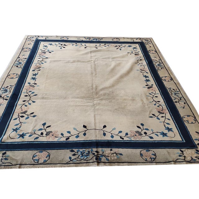 Chinese - Peking Rug 8'2" x 9'9" 1930s Wool Rectangle Hand Knotted Pile Floral Antique Ivory Beige Cream White Rug, Circa...