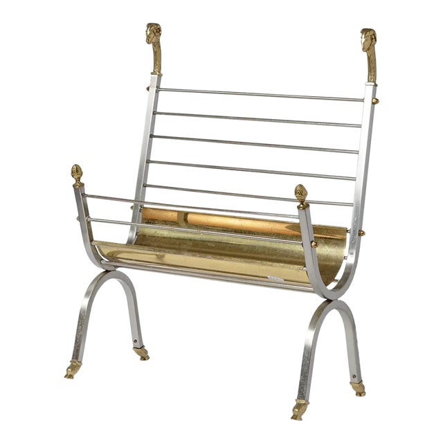 Maison Jansen Polished Brass & Steel Ram Head Magazine Rack/Holder For Sale