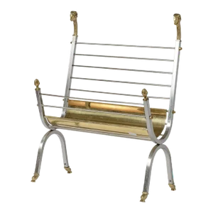 Maison Jansen Polished Brass & Steel Ram Head Magazine Rack/Holder