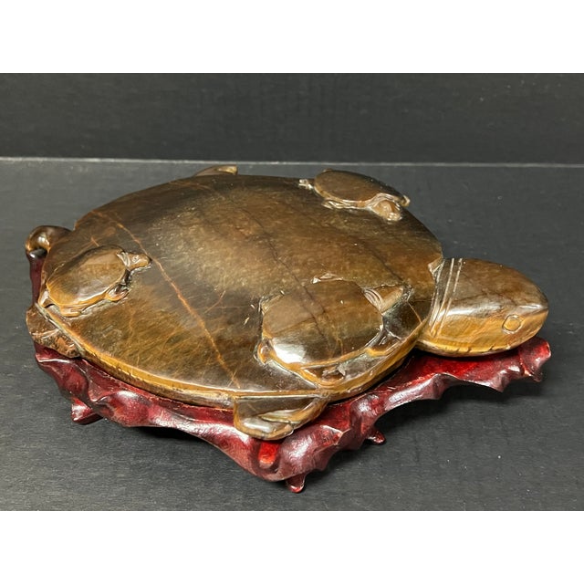 Chinese Art Carved Tiger Eye Stone Turtle Sculpture on Wooden Display Stand For Sale - Image 9 of 11