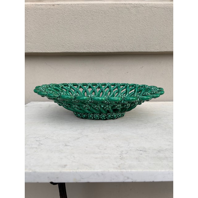 French Large Green Majolica Oval Bowl or Basket Vallauris Circa 1950 For Sale In Austin - Image 6 of 9
