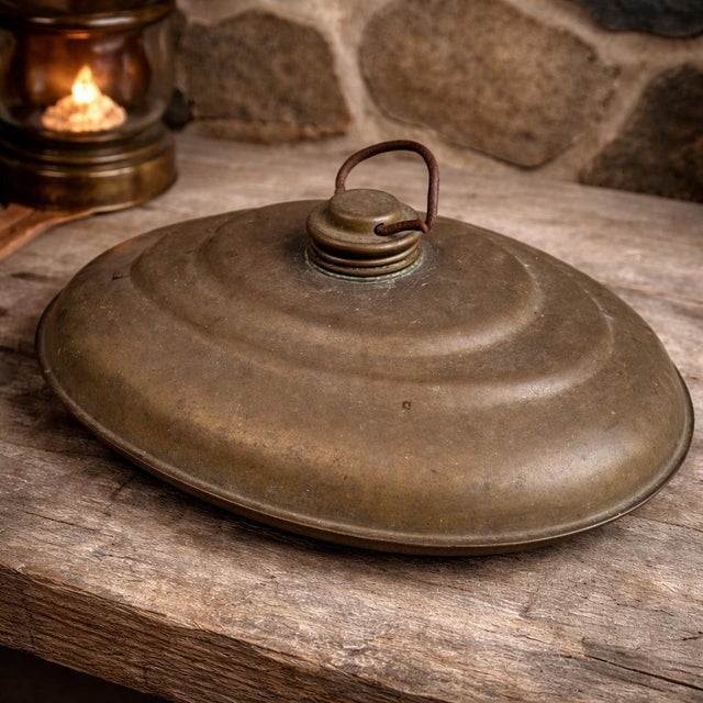 19th Century Brass Bed Warmer — Oval Primitive Foot Warmer With Aged Patina For Sale - Image 9 of 9