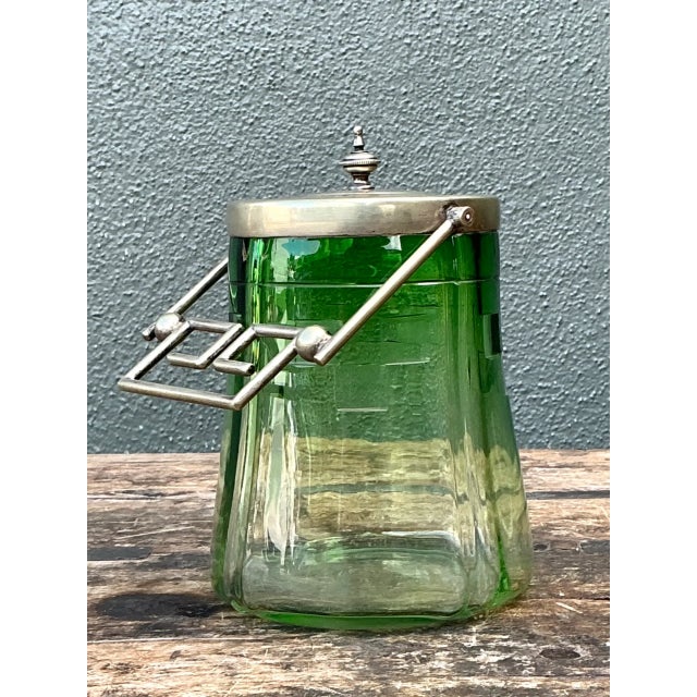 Metal Vintage Green Glass and Metal Ice Bucket For Sale - Image 7 of 12