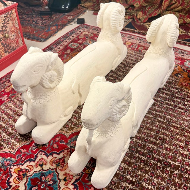 Fabulous pair of mid 20th century double ram's head sculptures! These highly decorative two headed Egyptian Revival ram...