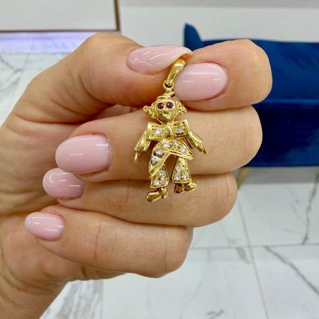 Gold Vintage 18k Yellow Gold 0.31ctw Ruby Eyes Diamond Movable Clown Drop Pendant For Sale - Image 8 of 8