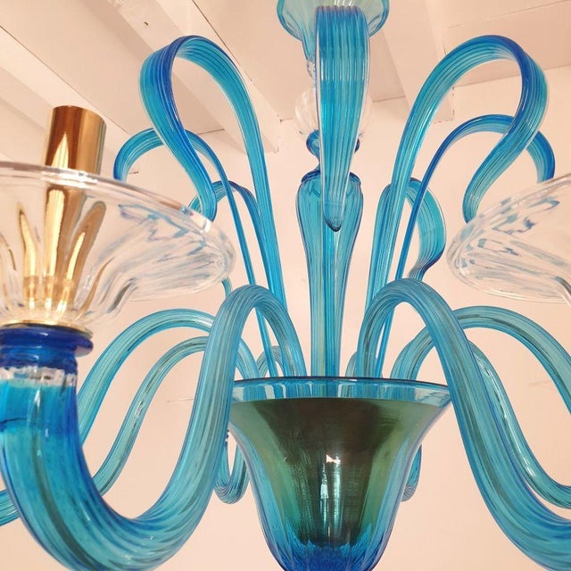 Metal 1980s Venini Style Blue Murano Glass Neoclassical Chandelier For Sale - Image 7 of 12