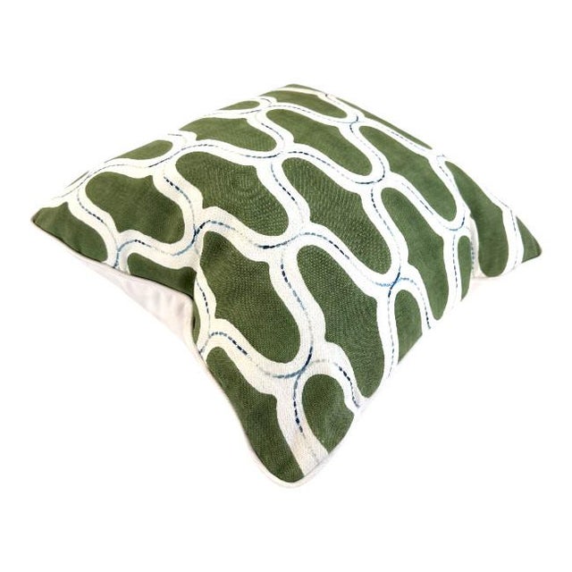 Pair Green With Blue Stitching Abstract Pillows For Sale - Image 4 of 5
