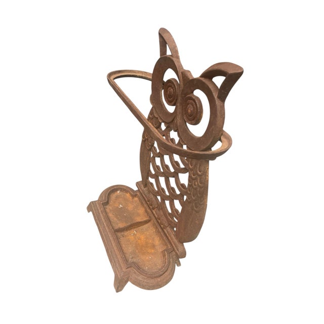 English Vintage Cast Iron Whimsical Owl Umbrella Stand & Drip Tray For Sale - Image 3 of 7