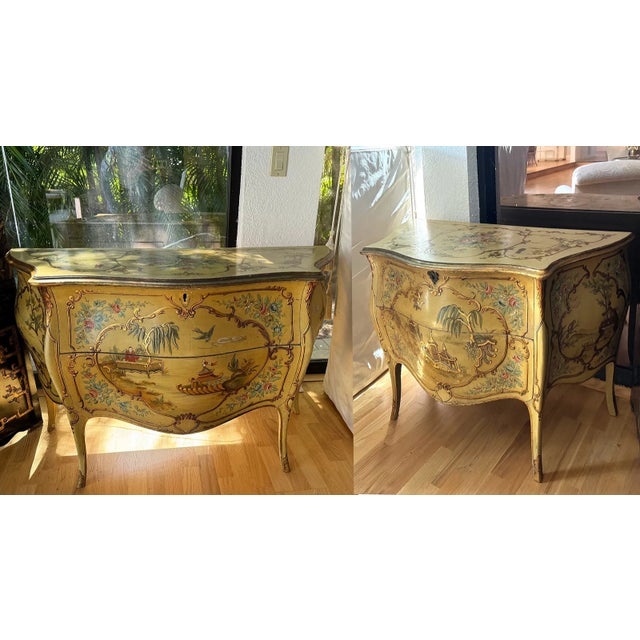 This listing features a stunning pair of antique Venetian Rocco style painted commodes, originating from the late 19th...