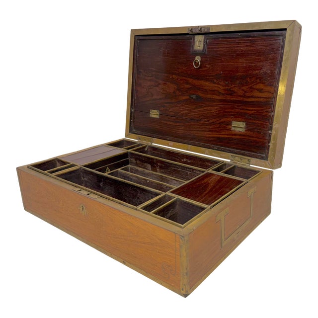 Large High Quality Antique 19th Century Wood Inlaid Brass Writing Lap Desk Box For Sale