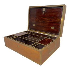Large High Quality Antique 19th Century Wood Inlaid Brass Writing Lap Desk Box