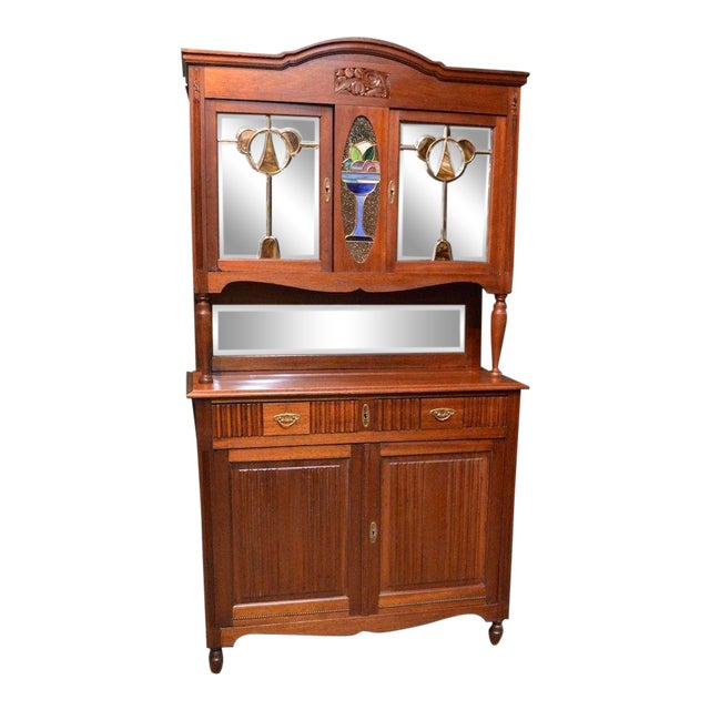 1950s French 2 Piece Mahogany Hutch W Stained Glass Panels Chairish