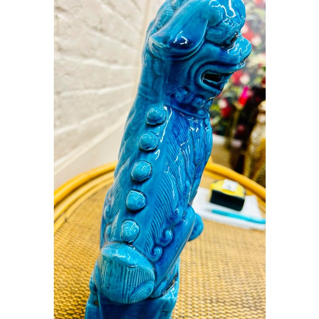 Ceramic Pair of Vintage Mid-Century Modern Cobalt Blue Chinese Porcelain Mounted Foo Dogs For Sale - Image 7 of 11
