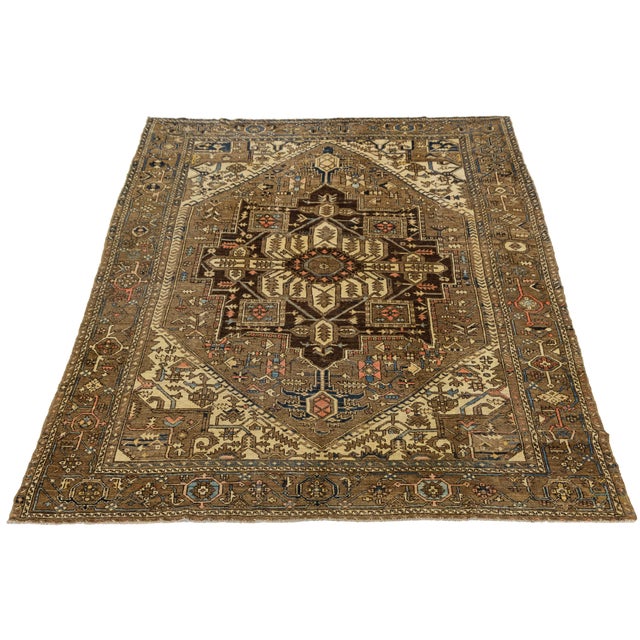 19th Century Antique Serapi Heriz Rug With Geometric Medallion in Camel For Sale - Image 9 of 12
