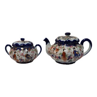 Vintage Asian Japanese Kutani Style Figural Teapot & Covered Sugar Bowl Set- 2 Pieces For Sale