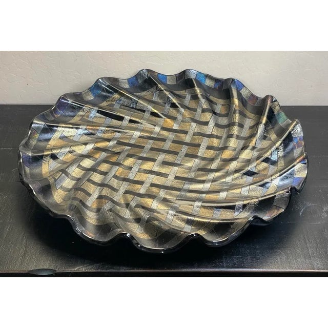 Contemporary Large 18” Fused Dichroic Glass Metallic Basket Weave Wave Form Centerpiece Tray For Sale - Image 3 of 12
