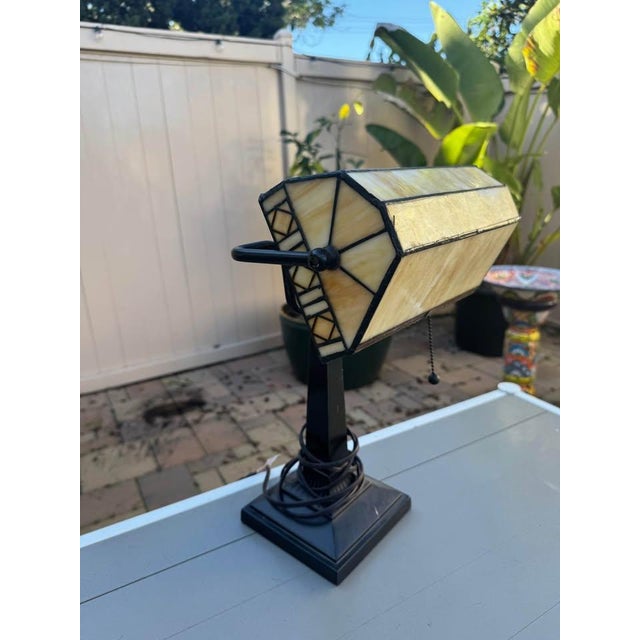 Mission Vintage Tiffany-Style Stained Glass Banker Lamp | Arts & Crafts / Mission Style For Sale - Image 3 of 5