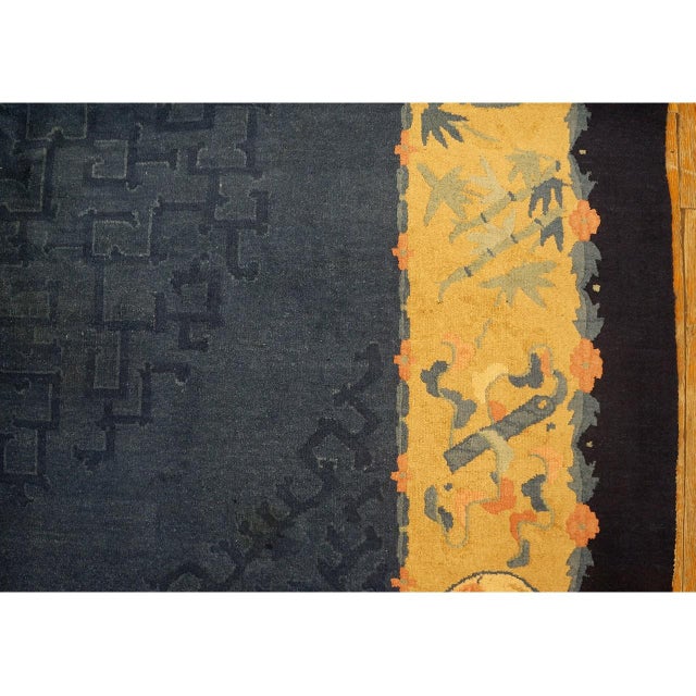 1920s Blue Ground Geometric Antique Chinese Peking Rug 6'10" X11'8" Wool Carpet For Sale - Image 10 of 11