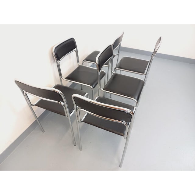 Vintage Italian Stackable Chairs in Chromed Metal and Black Imitation Leather, 1970s, Set of 6 For Sale - Image 11 of 18