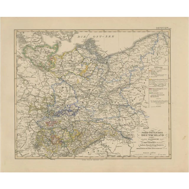 Antique Map of Northeastern Germany with Saxon & Prussian States, 1858 For Sale