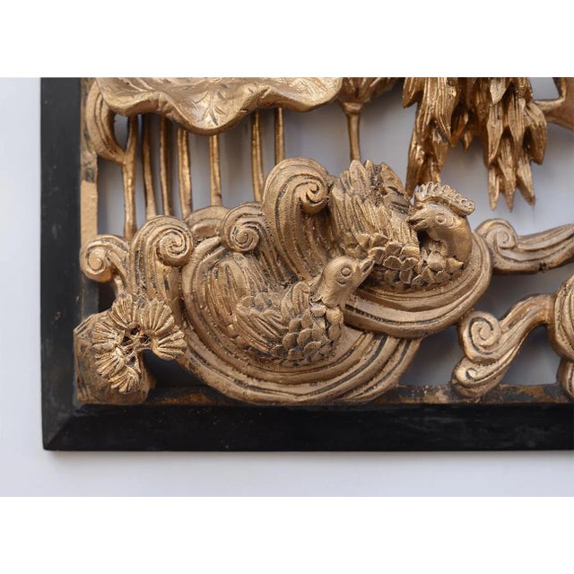 Gold Vintage Chinese Gilded Hand-Carved Wood Relief Panel of Birds and Flowers For Sale - Image 8 of 12