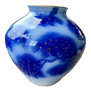 Mid 20th Century Koransha Japanese Porcelain Vase | Cobalt Blue Pine Design | Gold Accents