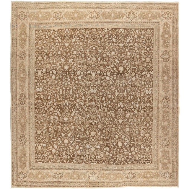 Early 20th Century Early 20th Century Large Square Brown Persian Tabriz Rug - 13' x 14'4" For Sale - Image 5 of 12