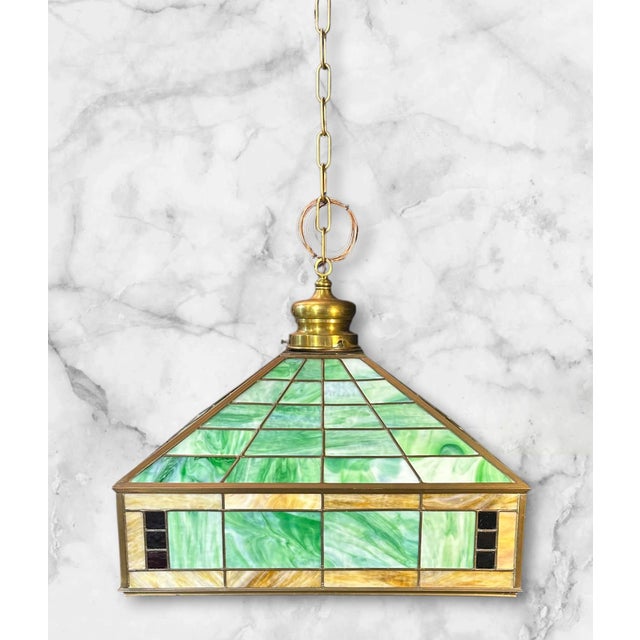 1930s Arts & Crafts Pendant Light With Green Glass For Sale - Image 4 of 14