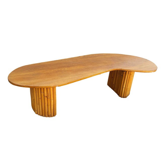Coastal 1950s Restored Rare Mid-Century Rattan and Mahogany Asymmetric "J" Coffee Table For Sale - Image 3 of 7