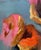 Fire (Donuts) by Yana Beylinson | Oil on Paper Mounted on Board Abstract depiction of colorful donuts. For Sale