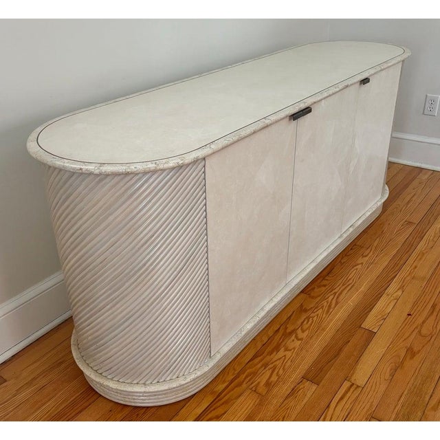 1980s Hollywood Regency Tessellated Stone and Pencil Reed Rattan Credenza For Sale - Image 14 of 14