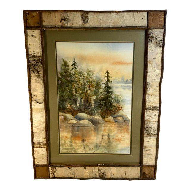 Original Watercolor Art North Woods Lake Katie George Birch Bark Frame 23x30 For Sale