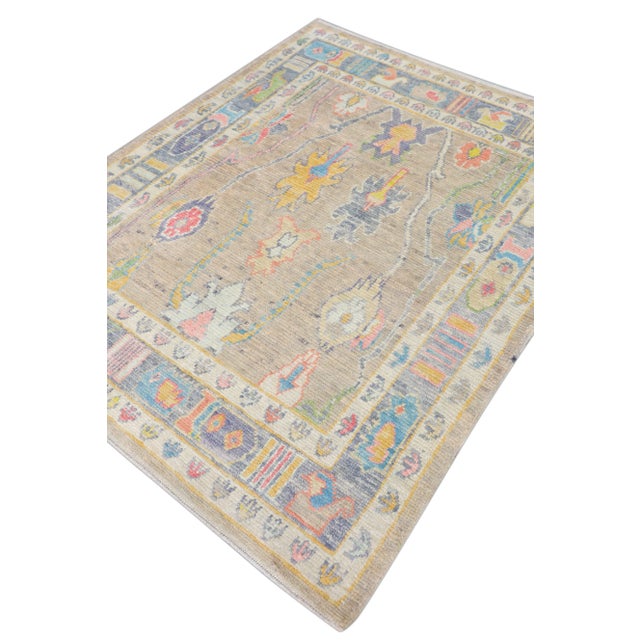 Beige Handwoven 21st Century Oriental Green Mist Turkish Oushak Rug 5'5" X 6'8" For Sale - Image 8 of 9