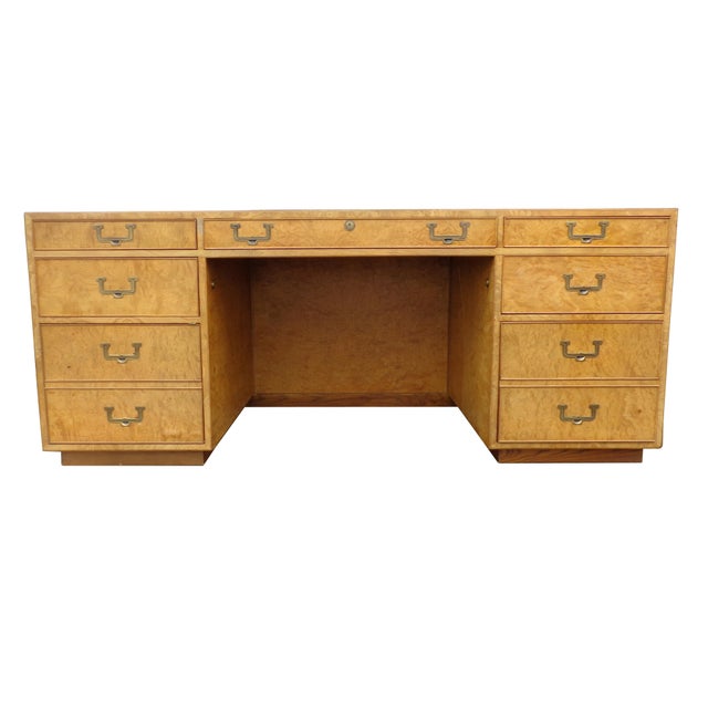 John Widdicomb John Widdicomb Campaign Burl Kneehole Credenza Desk For Sale - Image 4 of 13