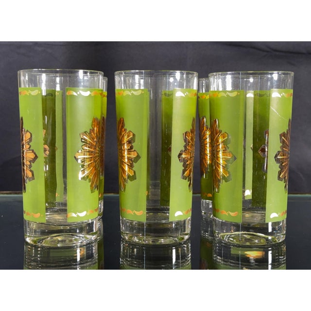 Mid 20th Century Vintage Mid Century Modern Avocado Green and Gold Starburst Highball Glasses - Set of 6 For Sale - Image 5 of 6